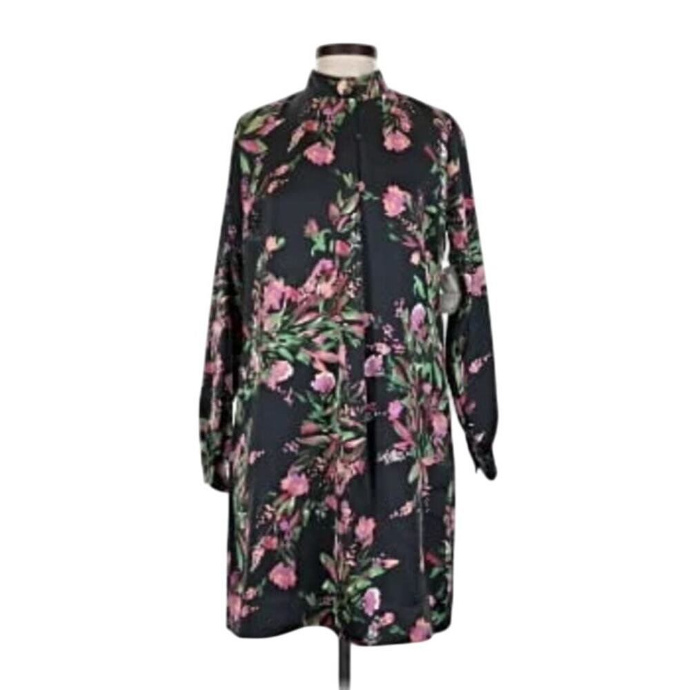 Eva Mendes Collection Floral Shirt Dress Black Midi Size XL